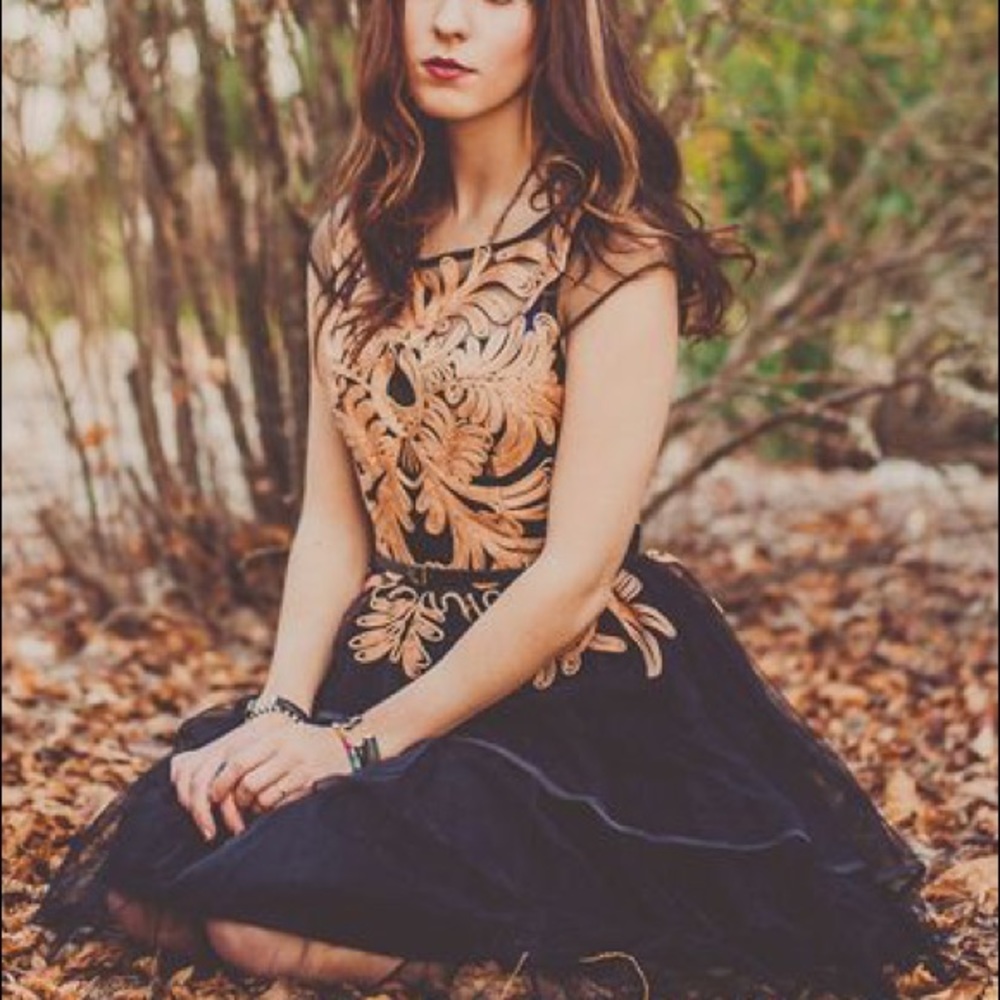 Black and gold tulle cocktail dress